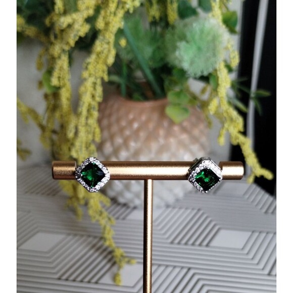 Faux Princess Cut Emerald & Diamond Stud Earrings - Picture 1 of 5